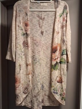 Ginger G Cream Floral Open Cardigan with Pink & Green Accents